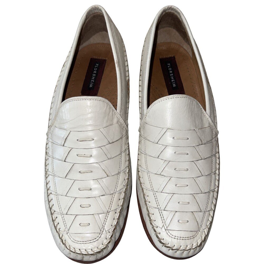 Florsheim Woven Leather Penny Loafers Cream Slip On Moc Toe Dress Shoes Men 10 D